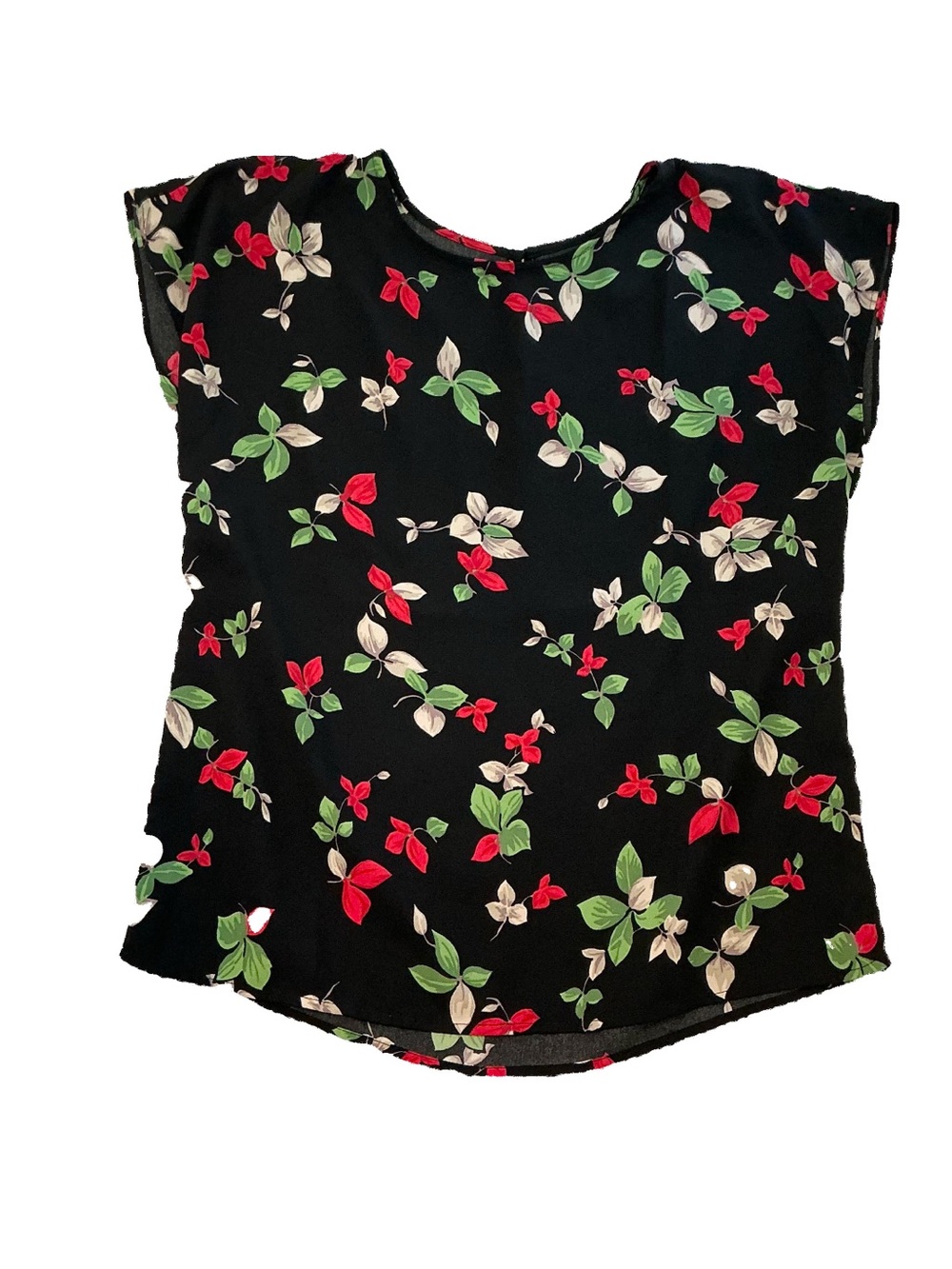 Halogen Black Floral Cap-Sleeve Blouse with Red and Green Motif